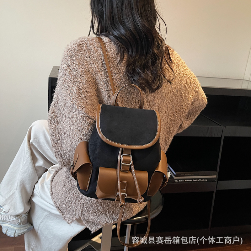 复古跨境多口袋双肩背2025新款秋冬大容量翻皮绒时尚百搭女士双肩|undefined