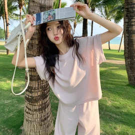 韩系高级感运动套装女夏短款宽松短袖上衣阔腿长裤减龄休闲两件套