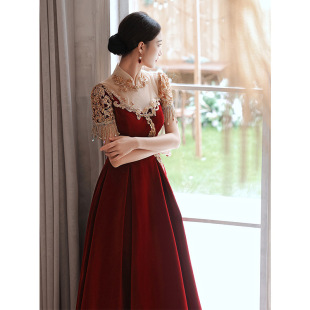 New Chinoiserie Toast Dress Bride High-End 2025 New Spring and Summer Heavy Industry Tassel Burgundy Engagement Cheongsam Dress