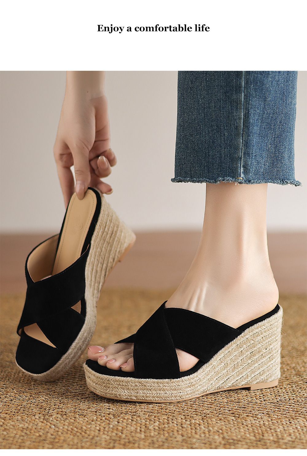 Sandal cao gót nữ quai ngang đế xuồng đan dày — Màu đen chi tiết 13