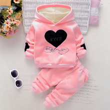秋冬新款女宝宝爱心字母双面绒加绒加厚连帽卫衣女童保暖两件套