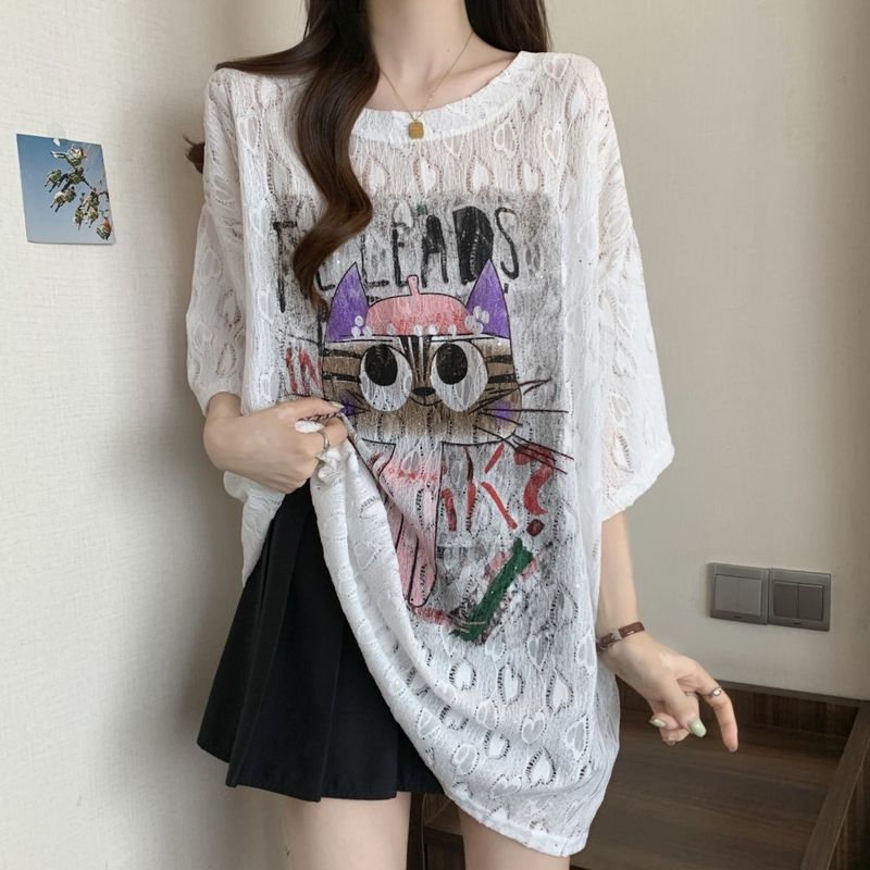 大码蕾丝提花卡通印花短袖t恤女夏新款宽松显瘦胖mm遮肚外穿上衣|undefined
