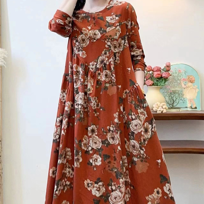 2025 Spring, Autumn and Winter Cotton and Linen Floral Dress V Neck Long Sleeve Waist Loose Extra Long Women's Long Dress