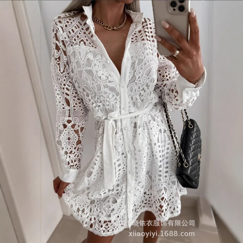 Amazon Cross-Border European and American Style Commuter Belt Cardigan Women's Lace Button-Up Lace Shirt Waist-Cinching Dress