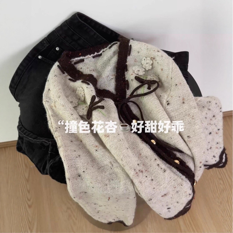 原创设计！高品质不撞衫时尚韩版花灰点子纱撞色针织开衫女百搭|undefined