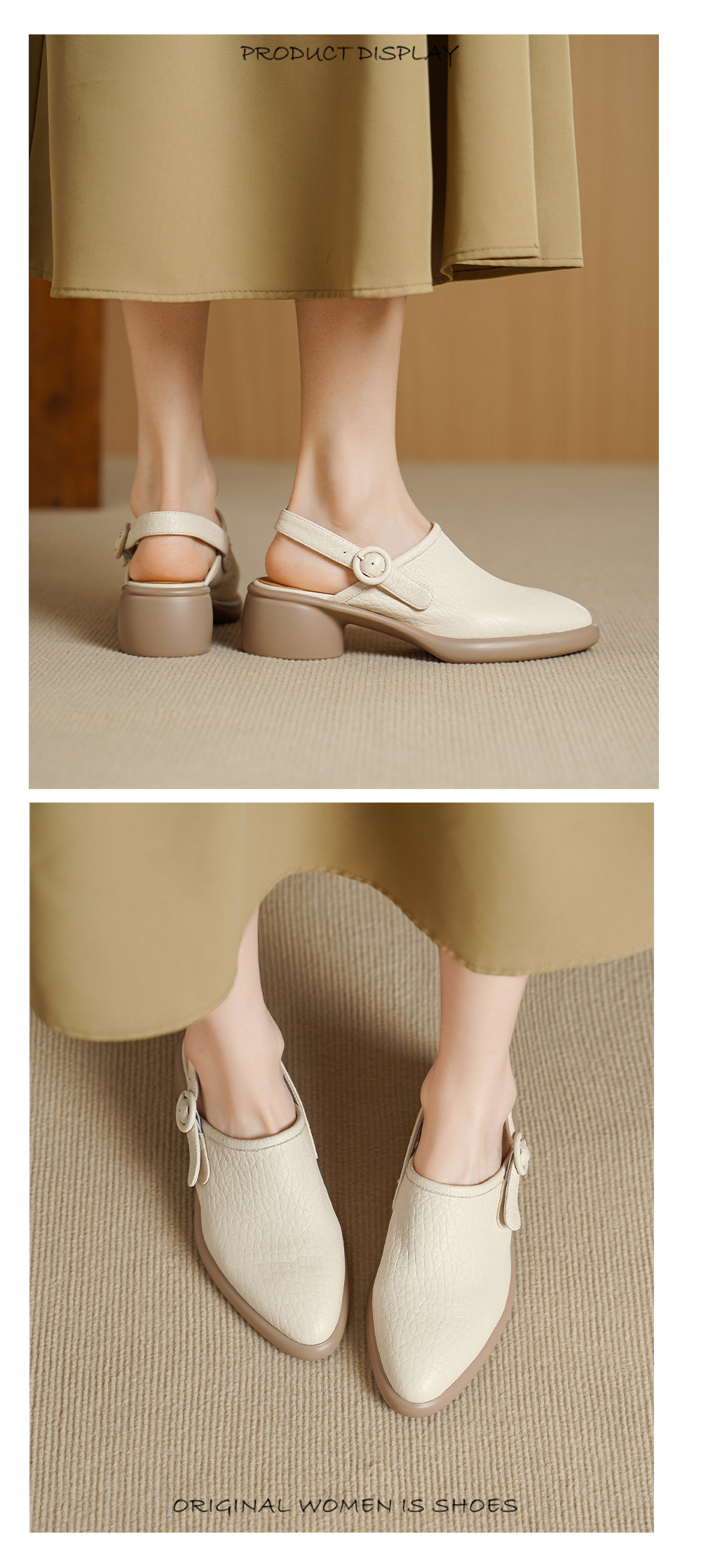 Sandal nữ da dê mũi tròn gót vuông cao 7 cm quai ngang khóa một chữ — đen chi tiết 7