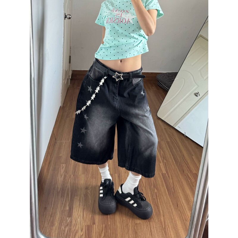 American Retro Star Print Black Cropped Jeans Pants for Men and Women 2026 Summer New Loose Shorts Trendy American Retro Star Print Black Cropped Jeans Pants for Men and Women 2026 Summer New Loose Shorts Trendy