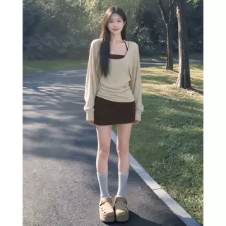 法式绝美挂脖吊带连衣裙子女早秋季2026新款爆款韩系穿搭一整套装