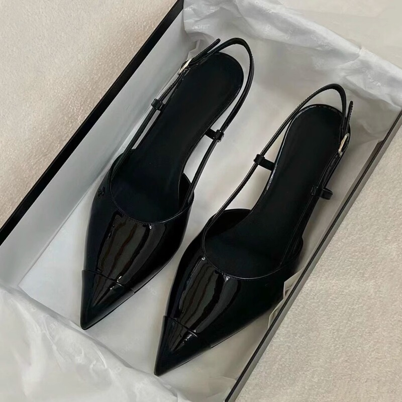 Cowhide Edition ~ High-grade Genuine Leather Mid-heel Pointed Toe Sandals for Women's Chanel Style High-heel Sandals with Cat-heel