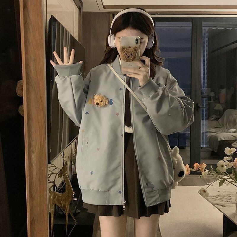 2026 Autumn New Loose-Fit College-Style Coat with Bear Pendant and Star Print for Women, Blue and Yellow Cardigan