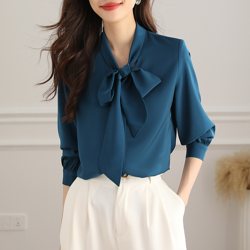 Counter high-grade silk shirt women's long sleeve bow autumn new fashion design sense mulberry silk base shirt