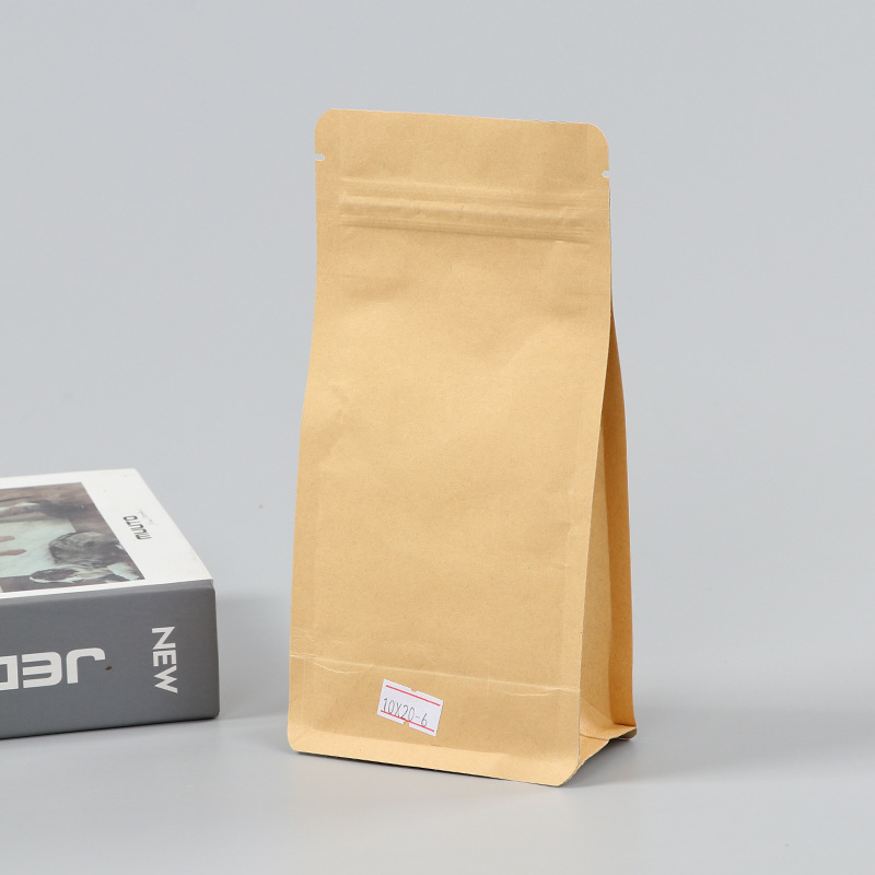 Spot bolsa de papel kraft con ventana transparente bolsa de embalaje de alimentos autosellada autoportante bolsa de té sellada de ocho lados fácil de rasgar