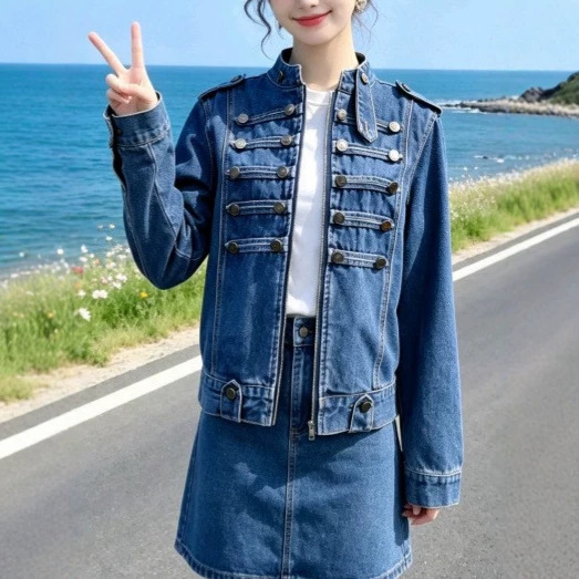 Normany offers a full range of French double-breasted distressed jackets for women, new spring and autumn styles, featuring ribbed buttons and a stand-up collar, in stock.