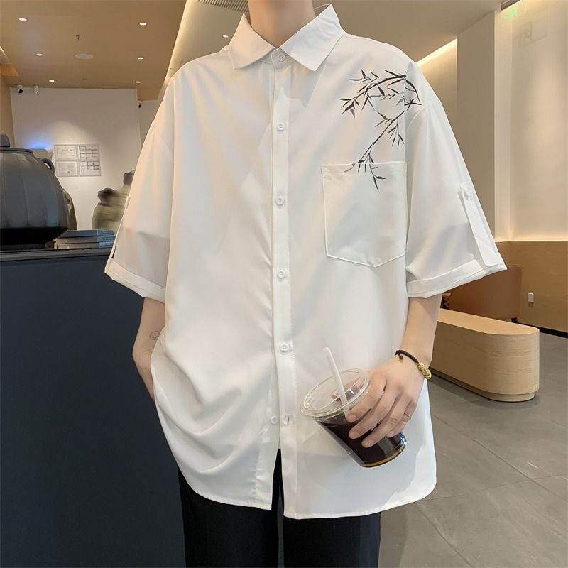 国风复古刺绣竹子衬衫男士短袖夏季潮牌感七分袖新中式衬衣唐装