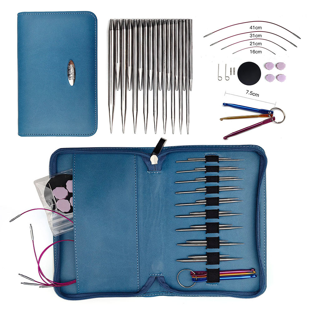 Herramienta de tejido Aguja de suéter 316 # Aguja de anillo de desmontaje de acero inoxidable 11.5 Longitud 2.2-4.5mm Juego de 9 PU