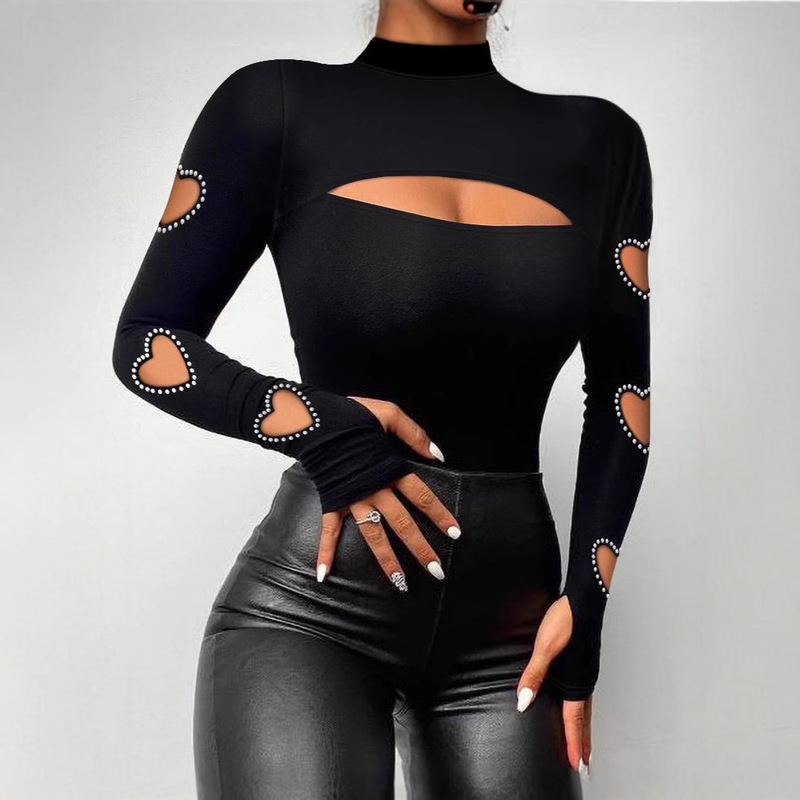 European and American Amazon wish AliExpress eBay new slim sexy love hollow long sleeve top women's clothing