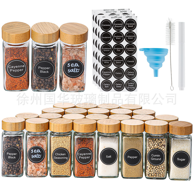 亚马逊4OZ方形玻璃厨房调料罐120ml香料罐24个装撒料瓶玻璃调味罐