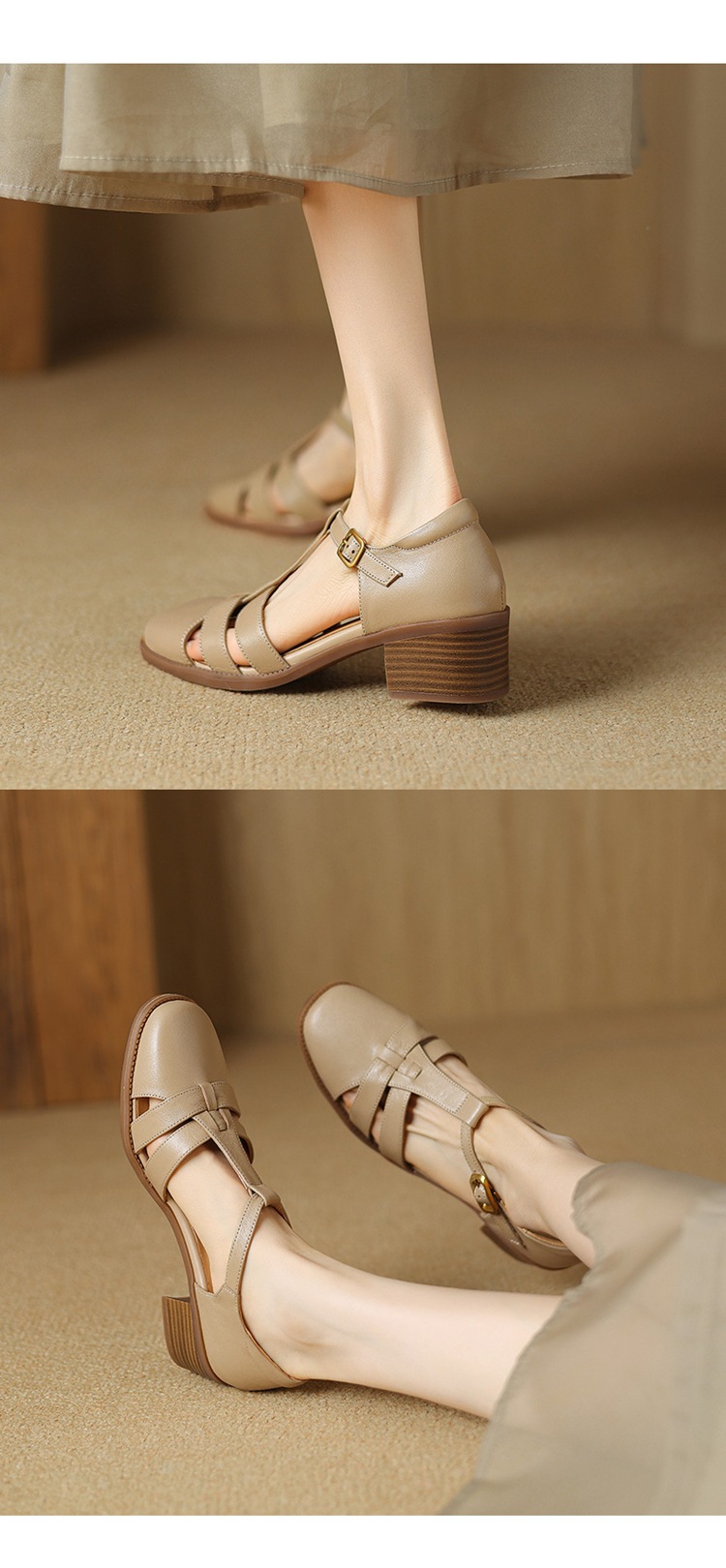 Sandal nữ quai chữ T da cừu rỗng gót xuồng 5 cm — Màu be chi tiết 12