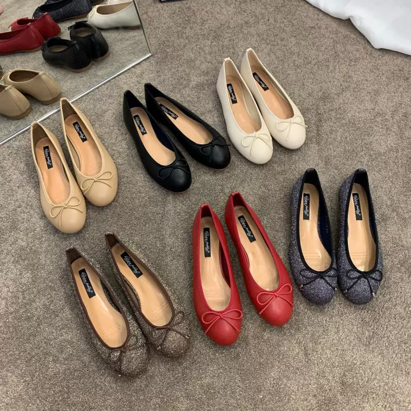 Красные балетки 2025 новые лодочки летние с бантом бабушкиные нежные балетки с круглым носком