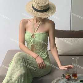 泰国新款 苹果绿色挂脖个性唯美氛围感分体长裙绝美海边度假泳衣