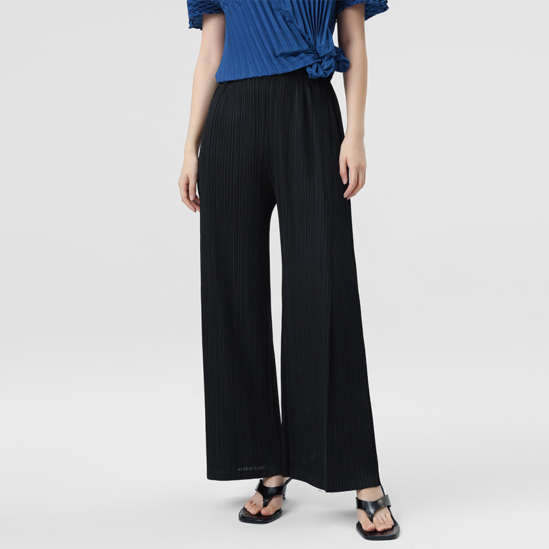 High-Quality Summer Pleated Women's Ankle-Length Suit Pants, Issey Miyake Style High-Waisted Straight-Leg Wide-Leg Casual Pants