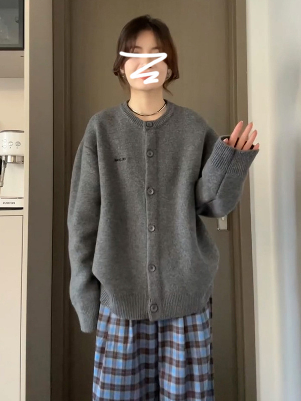 慵懒风高级感灰色圆领毛衣外套女秋冬季新款宽松休闲针织开衫上衣|undefined