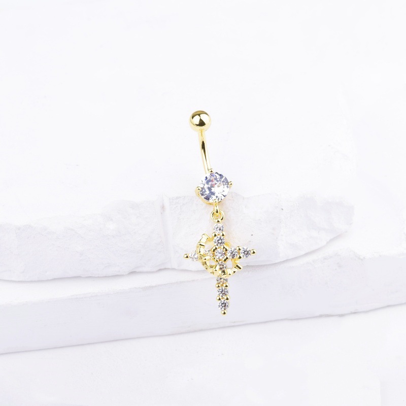Diamond Crown Cross Belly Button Ring Gold Dangle Body Piercing Jewelry detail image 10
