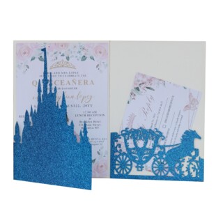 Export New Product Glitter Dark Blue Engagement Party Castle Invitation Wedding Invitation Carriage Holiday Blessing Greeting Card