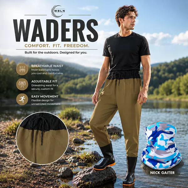 Men's high-waisted wading pants, featuring integrated non-slip boots, adjustable drawstring waist, and soft flexible fabric