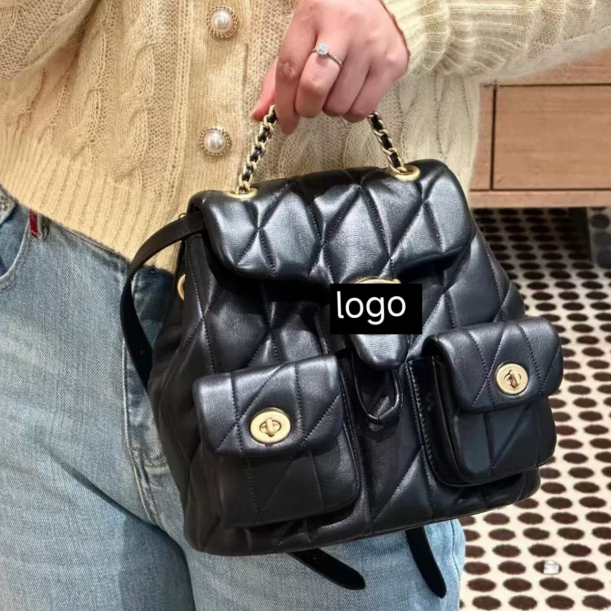 Новый рюкзак Kouc из овечьей шерсти табби, стеганая школьная сумка на цепочке, маленькая сумка в стиле Chanel в цвете макарон.