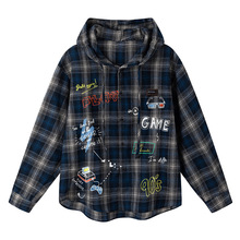 美式复古旧物印花格子长袖衬衫男女同款宽松设计感格纹情侣衬衣潮