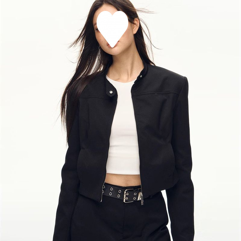 美式复古甜酷辣妹风黑色立领短款外套女春季修身显瘦夹克上衣潮|undefined
