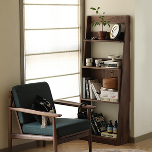 Chongjiang furniture Nordic simple Japanese-style solid wood bookshelf black walnut mid-ancient floor bookcase display shelf