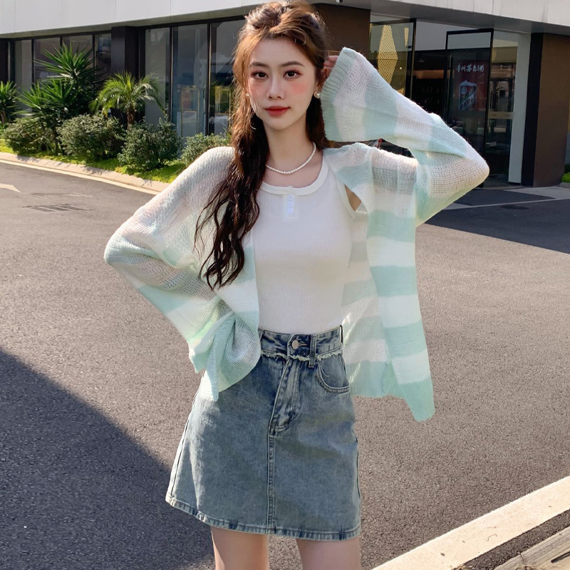 马海毛拼色条纹针织衫开衫女装春秋新款韩版长袖防嗮衣薄毛衣外套