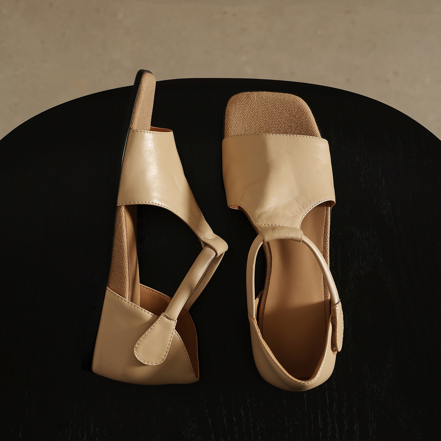 Sandal hở mũi nữ quai mảnh đế bệt mũi vuông da bò thật — đen chi tiết 19