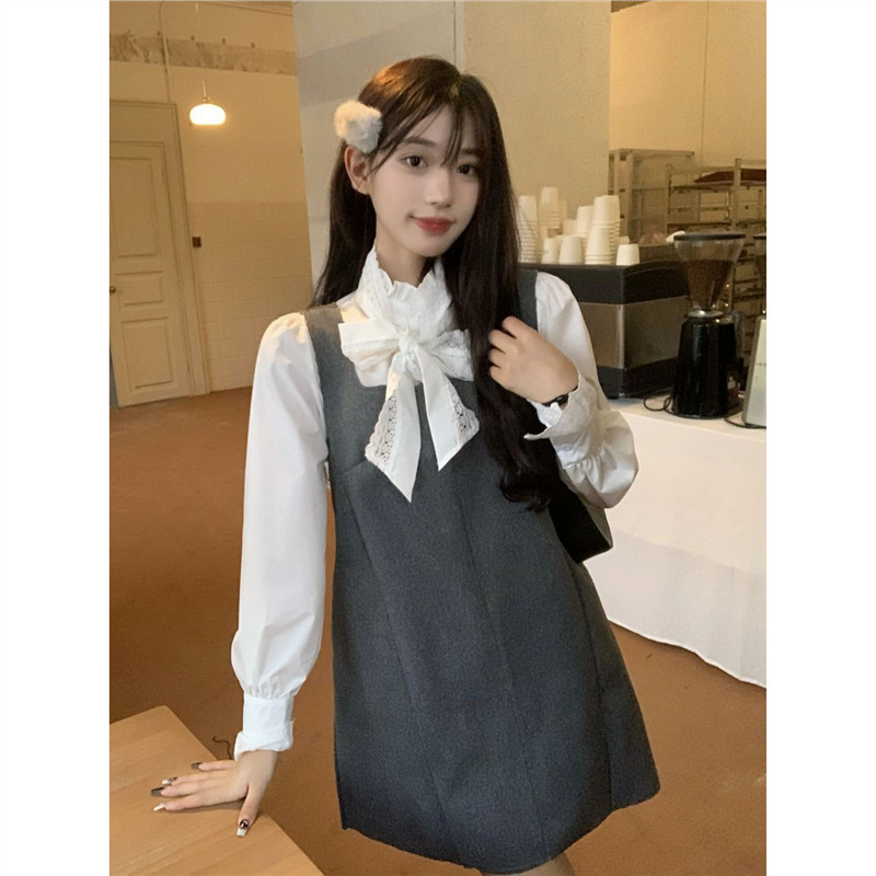 Korean Drama Heroine Outfit Suit Skirt Women's Autumn and Winter Elegant Sleeveless Vest Dress with Lace-Up Shirt Two-Piece Set