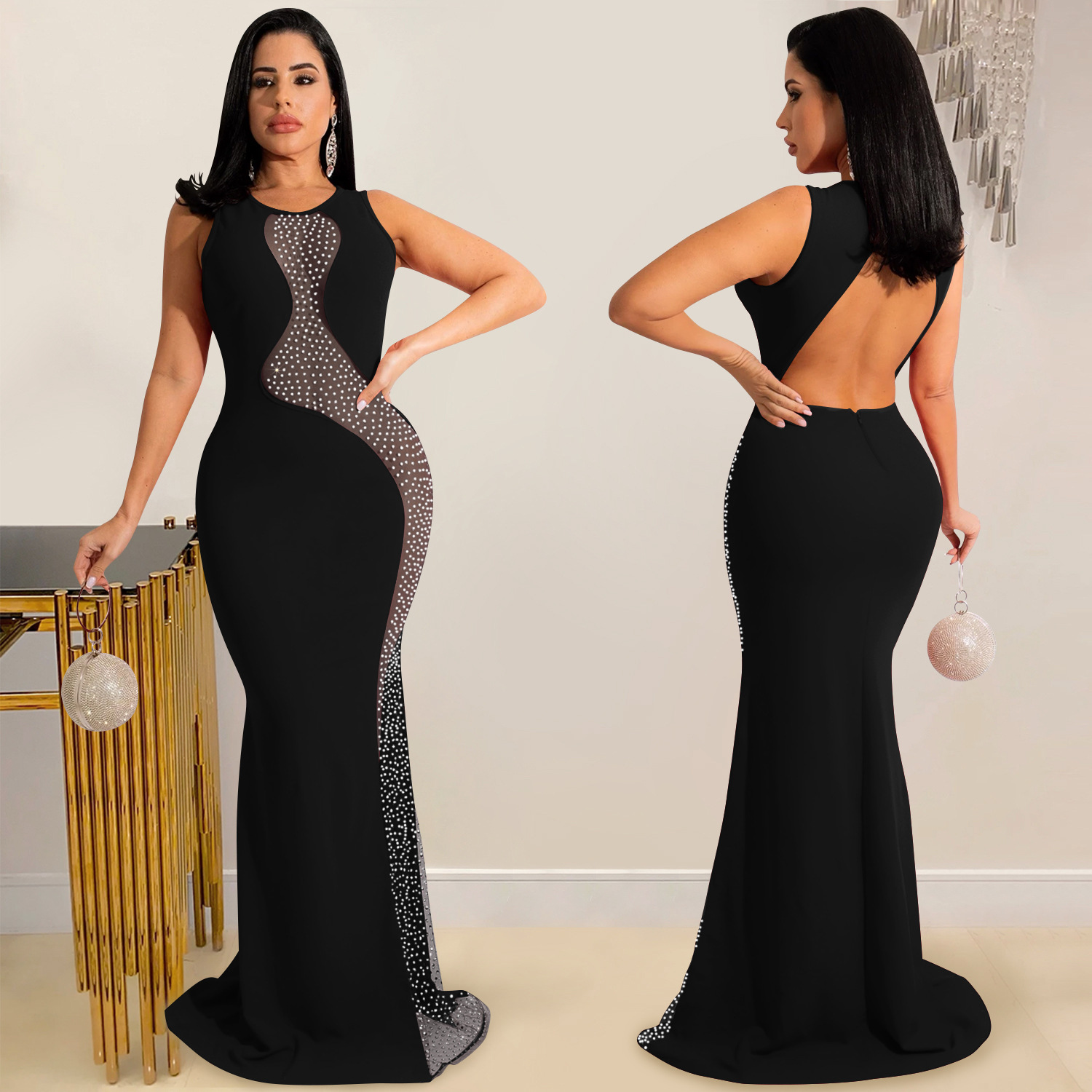 X5580 AliExpress Amazon discoteca estilo sexy rhinestone malla transparente sin mangas backless vestido de las mujeres
