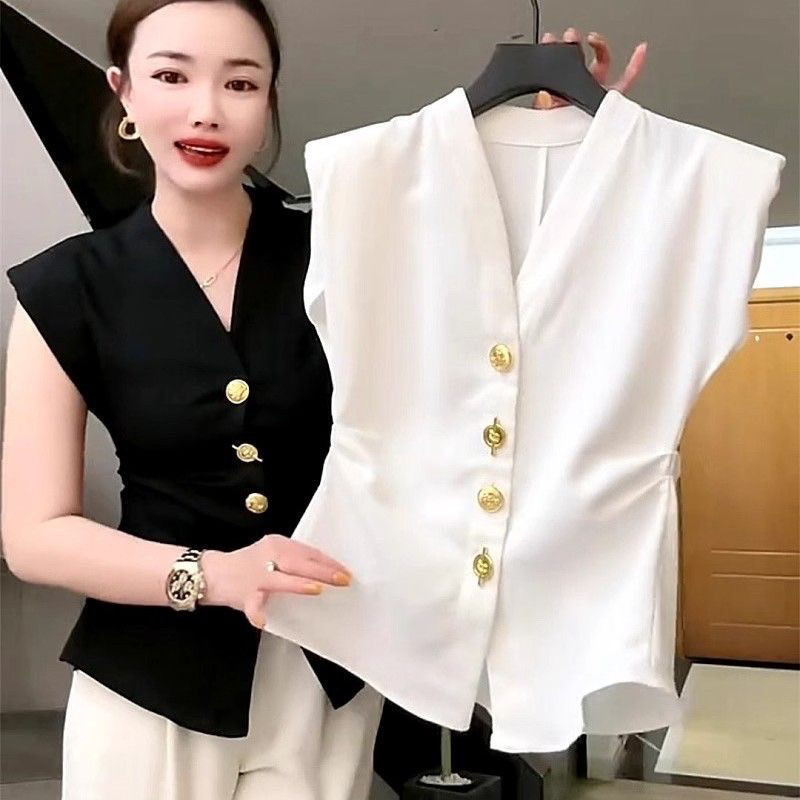 法式复古高级西装马甲女欧货夏洋气V领修身收腰重工纽|undefined