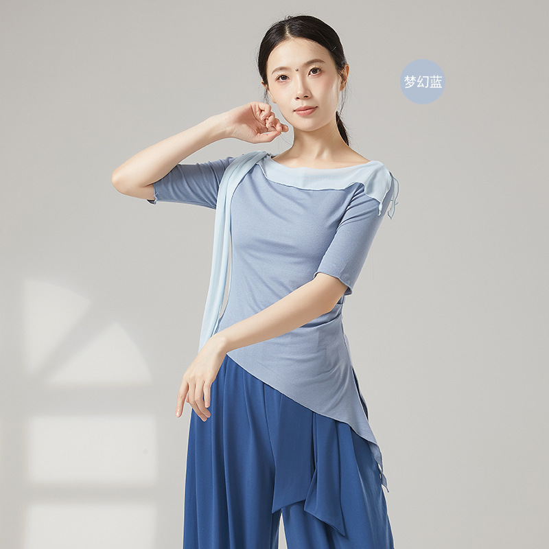 女性用モダンダンス練習服、メッシュステッチ不規則トップス、ダンス学生の日常着、ボディトレーニング服|undefined