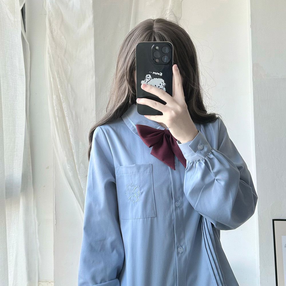 (재고 도매) 사쿠라하라 부속 고등학교 오리지널 자수 JK 셔츠 학생 블루 셔츠 여성 교복 정장