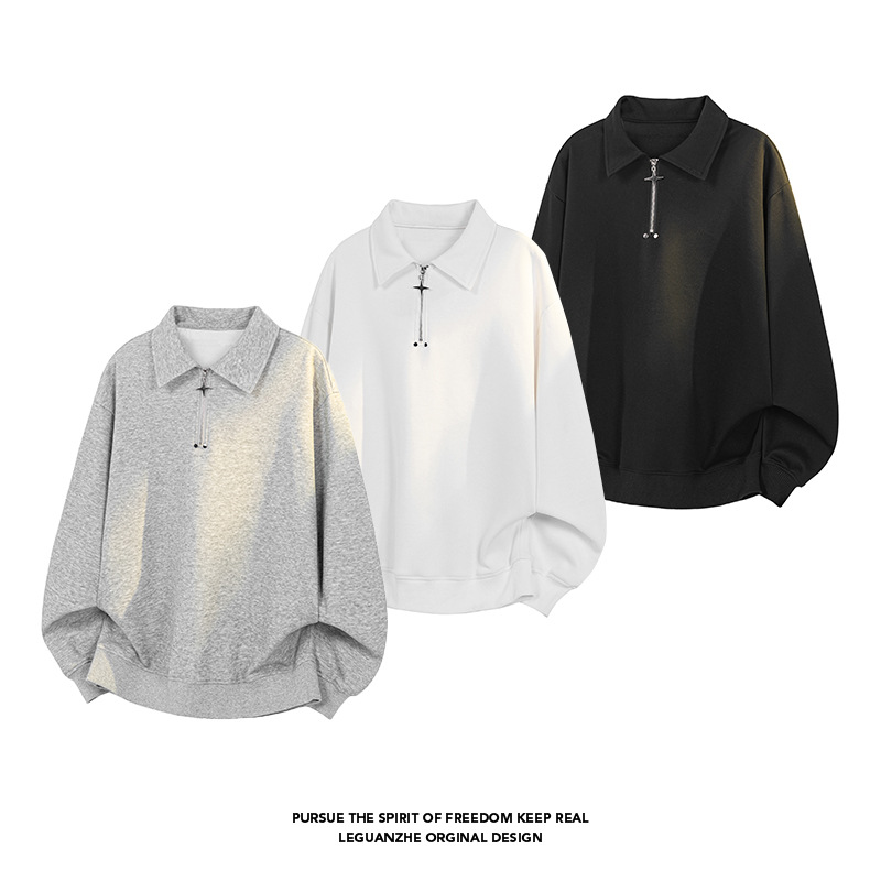 Felpa a collo alto a maniche lunghe con mezza zip in cotone cinese pesante da 300 g per uomo e donna, vestibilità ampia, versatile,_voghion.com