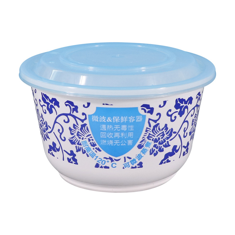 Caja de almuerzo desechable con tapa redonda tazón pequeño y mediano Caja de almuerzo de celebridades de Internet 850ml tazón azul y blanco caja de almuerzo de embalaje de comida para llevar