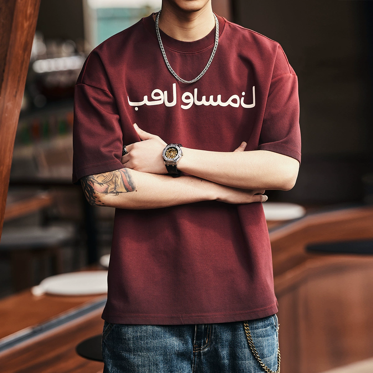 Summer red short sleeve T-shirt for leisure, American style, oversize