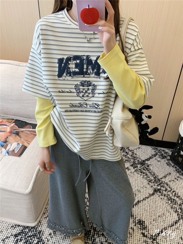 016 秋季新款慵懒风拼接长袖上衣条纹字母印花打底衫女士T恤潮|undefined