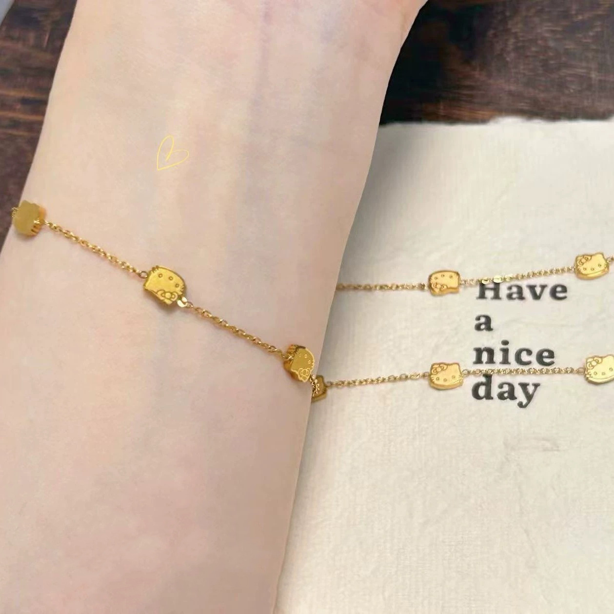 New European and American Style Double-Sided Cat Stainless Steel Bracelet, Niche Sweet and Cute Fashion Personality Versatile Titanium Steel Gold Jewelry