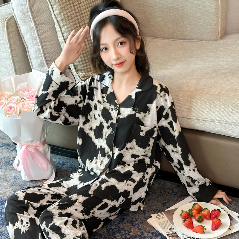 2025女童秋季新款纯棉家居服长袖可外穿透气舒适水墨印花睡衣套装|undefined