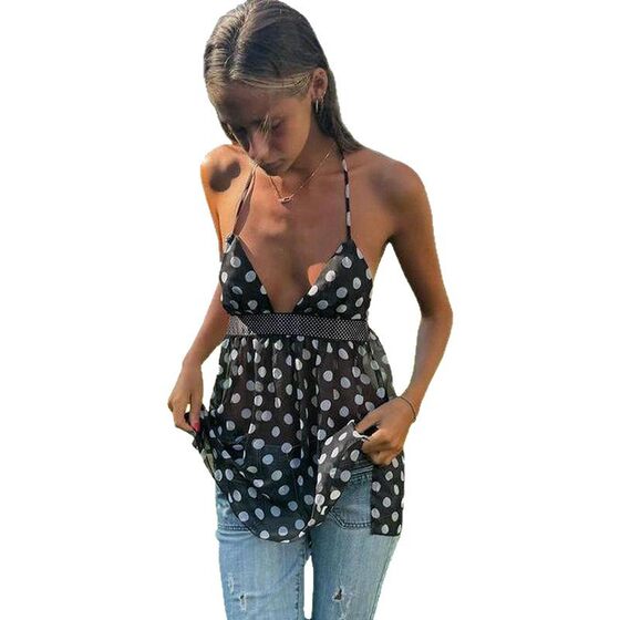 2025 Summer European and American-style Waisted Skirt Halter Top with Polar Dot Printing Hanging Neck Lace-up Deep V-neck Spice Girl Vest