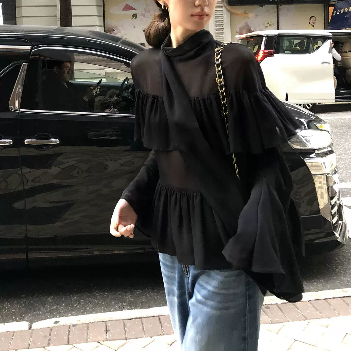 法式黑色雪纺衫女春夏设计感双层荷叶边轻薄衬衣微透气质飘带上衣