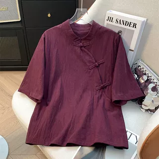 立领斜襟盘扣净色棉麻上衣女2026夏季薄款新中式禅意茶服短袖衬衫