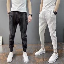 跨境男士哈伦裤条纹松紧带弹性腰身修身春季秋季日常拉伸脚踝系带